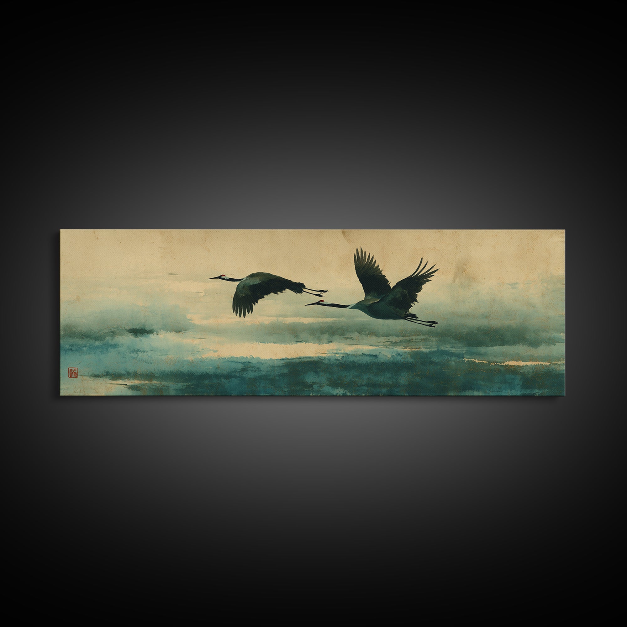 Black Ink Crane Flying Across Empty Sky Canvas Print, Black and White Art, Modern Wall Art, Living Room Decor, Oil Painting, BAW-3x1-29