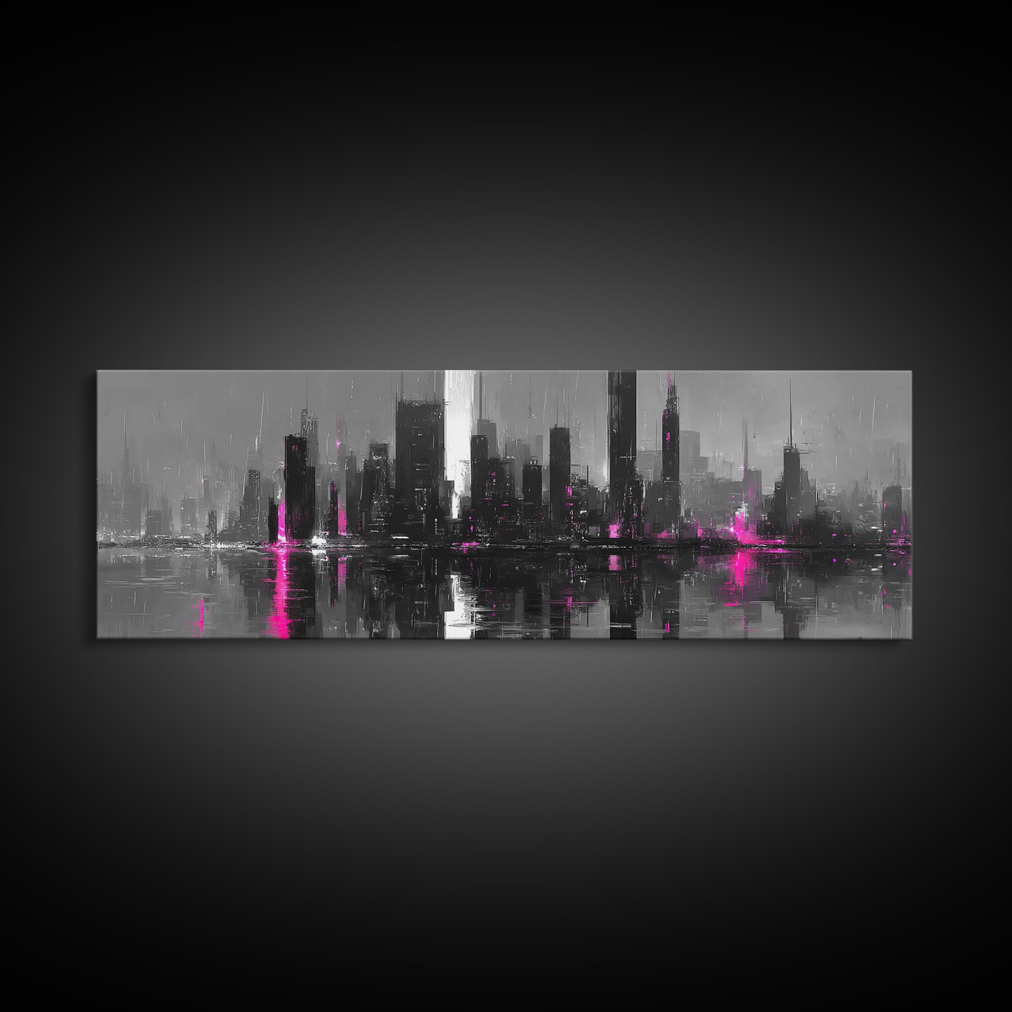Monochrome City Skyline Reflected Canvas Print, Black and White Art, Fine Art Print, Living Room Decor, Abstract Art, BAW-3x1-3