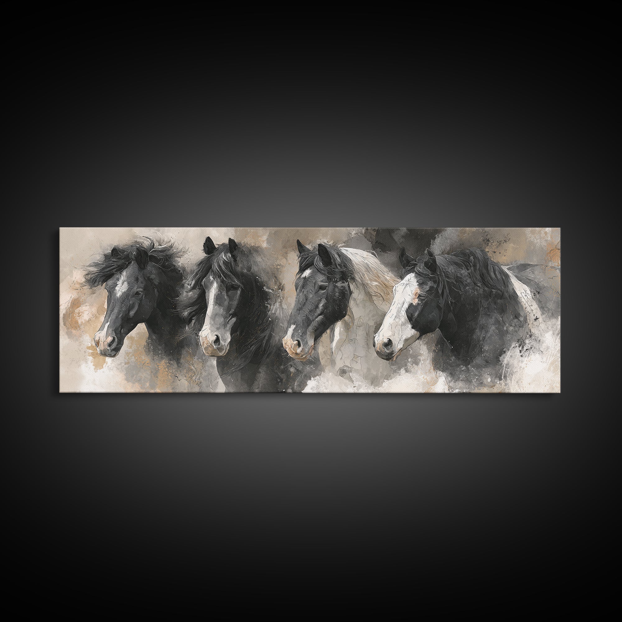 Black and White Wild Horse Portrait Canvas Print, Black and White Art, Photography Prints, Living Room Decor, Monochrome, BAW-3x1-45