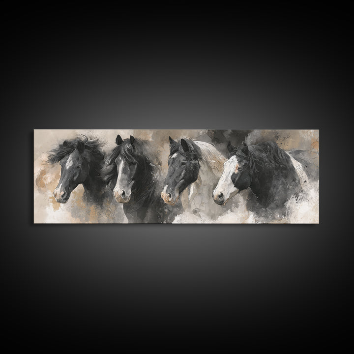 Black and White Wild Horse Portrait Canvas Print, Black and White Art, Photography Prints, Living Room Decor, Monochrome, BAW-3x1-45