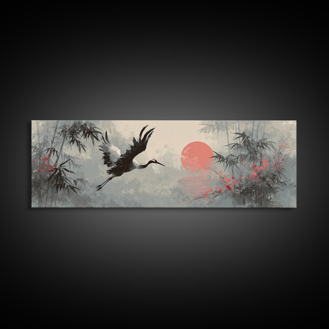 Black Ink Crane Flying Across Empty Sky Canvas Print, Black and White Art, Abstract Art, Living Room Decor, Monochrome, BAW-3x1-5