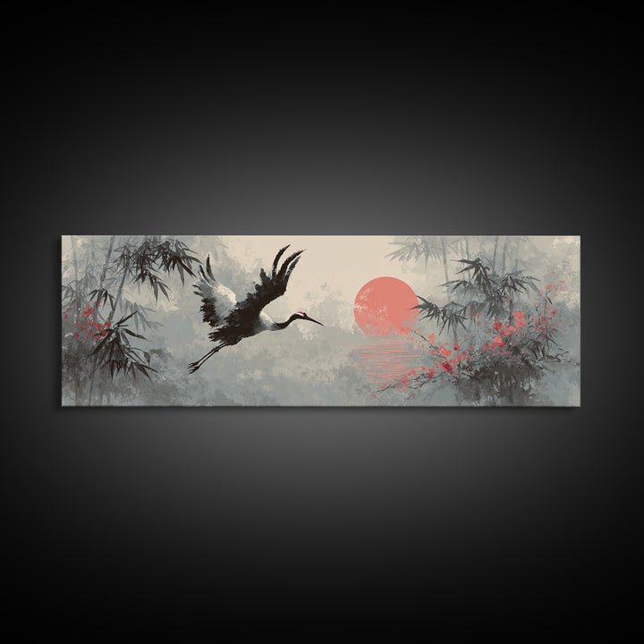 Black Ink Crane Flying Across Empty Sky Canvas Print, Black and White Art, Abstract Art, Living Room Decor, Monochrome, BAW-3x1-5