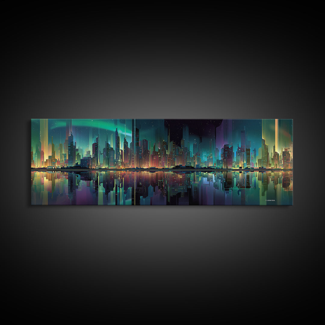 Monochrome City Skyline Reflected Framed Canvas Print, Black and White Art, Art Print, Living Room Decor, Fine Art, Monochrome, BAW-3x1-51