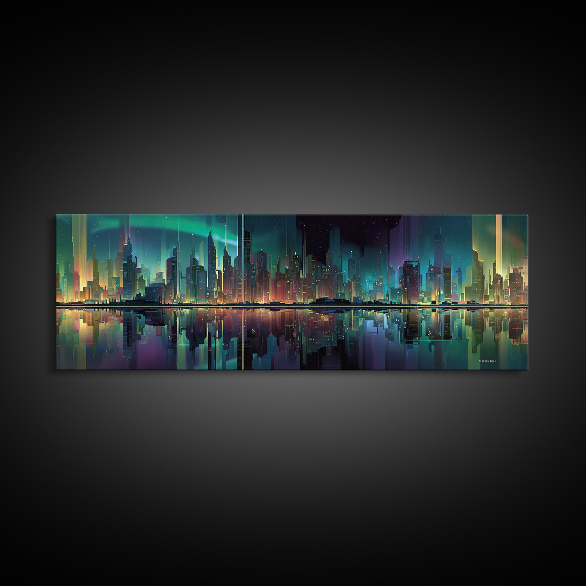 Monochrome City Skyline Reflected Framed Canvas Print, Black and White Art, Art Print, Living Room Decor, Fine Art, Monochrome, BAW-3x1-51