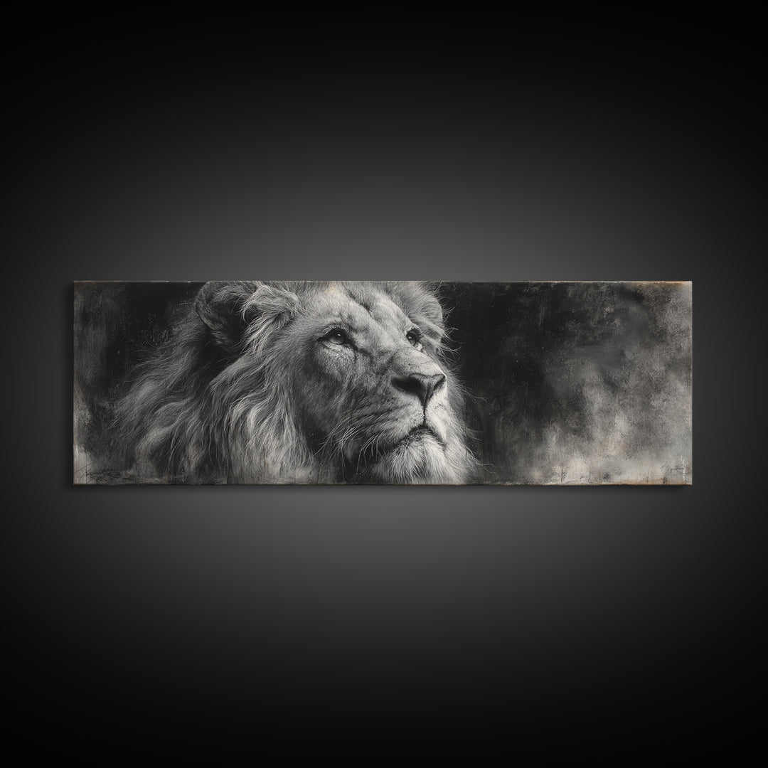 Dramatic Black and White Lion Portrait Framed Canvas Print, Black and White Art, Cabin Decor, Living Room Decor, Monochrome, BAW-3x1-57