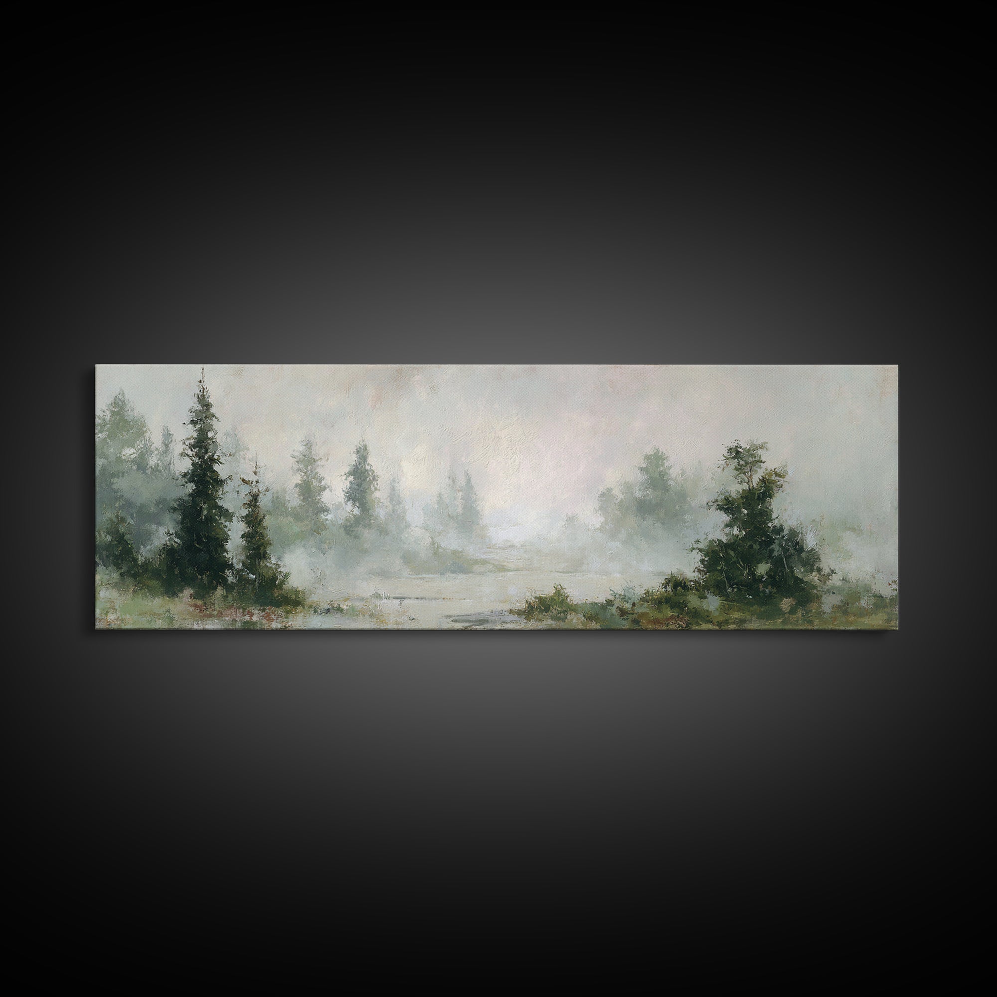 Misty Bridge Landscape Framed Canvas Print, Black and White Art, Digital Prints, Living Room Decor, Fine Art, Monochrome, BAW-3x1-59