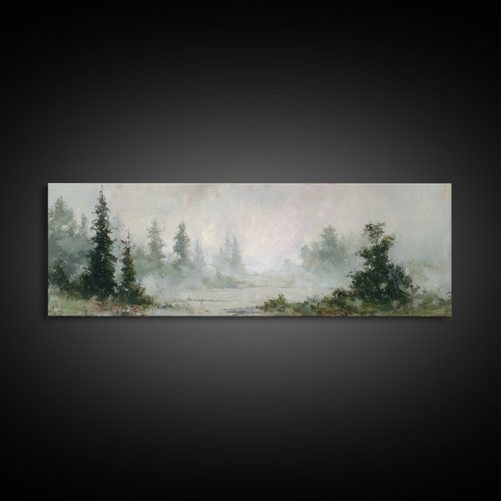 Misty Bridge Landscape Framed Canvas Print, Black and White Art, Digital Prints, Living Room Decor, Fine Art, Monochrome, BAW-3x1-59