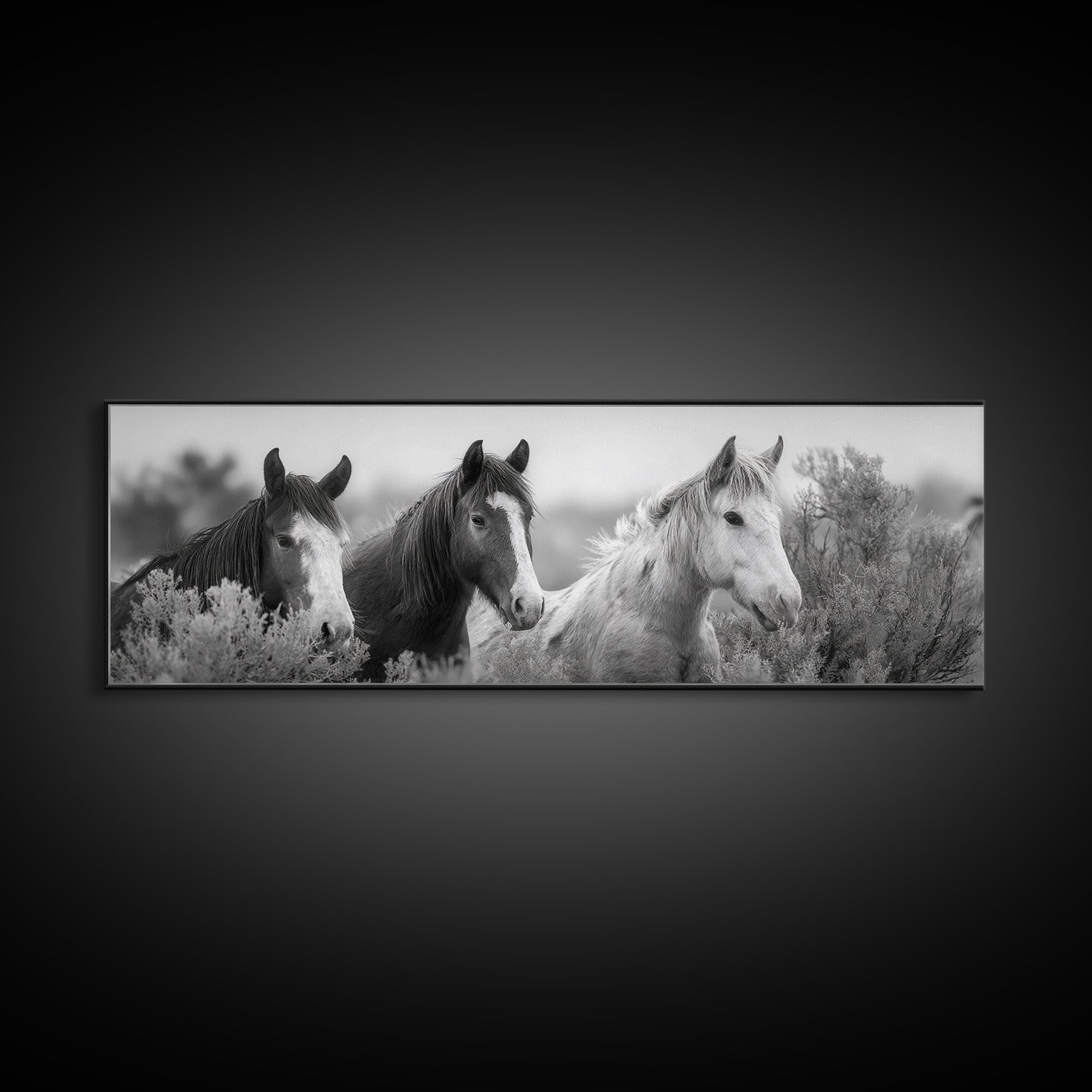 Black and White Wild Horse Portrait Framed Canvas Print, Black and White Art, Gallery Decor, Living Room Decor, Monochrome, BAW-3x1-69