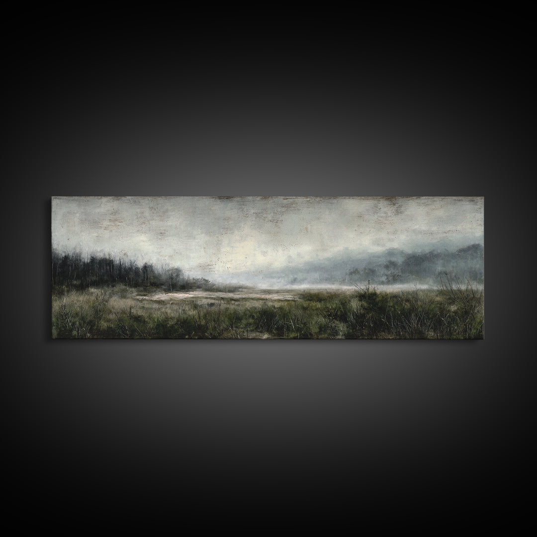 Moody Foggy Forest Canvas Print, Black and White Art, Gothic Decor, Living Room Decor, Oil Painting, Monochrome, BAW-3x1-71