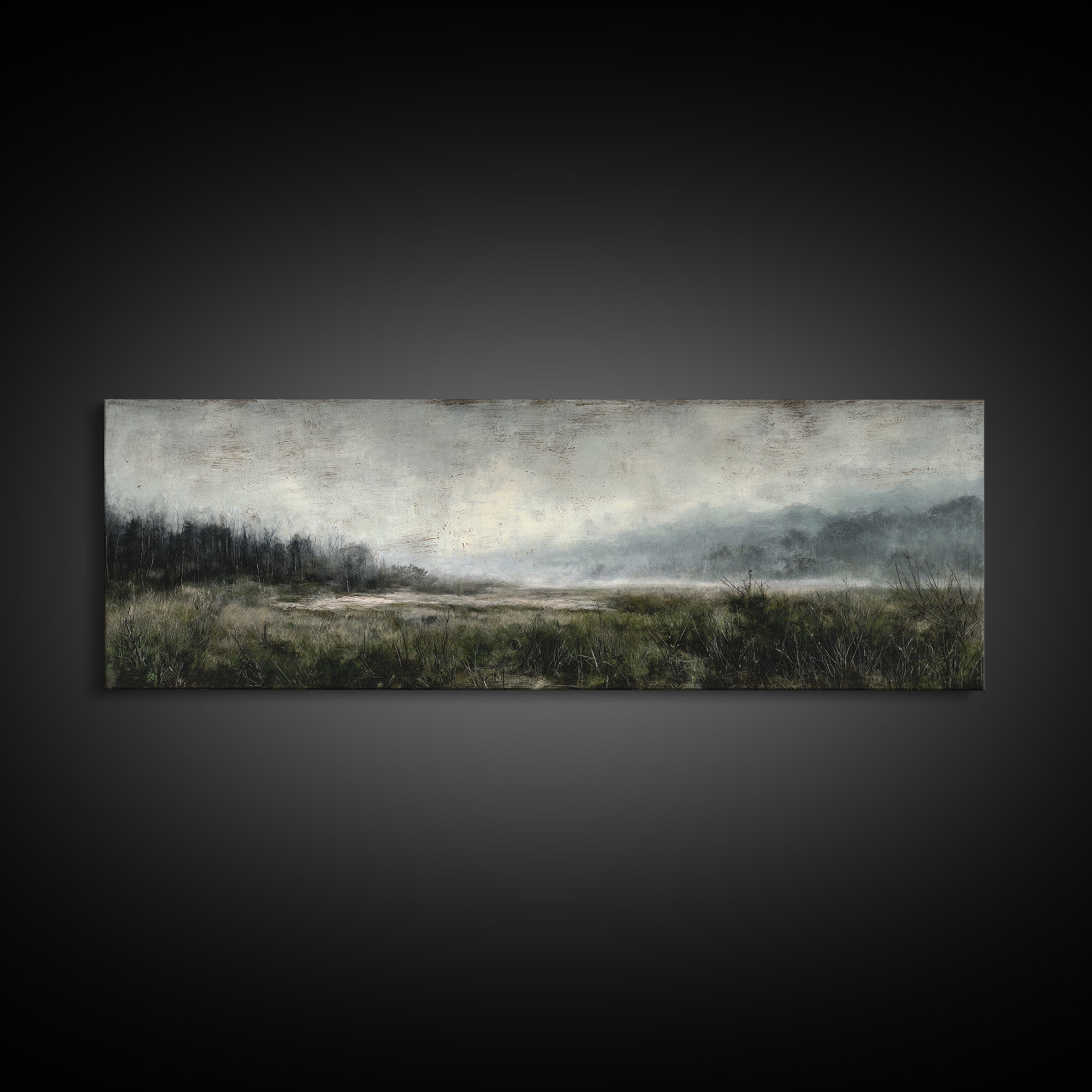 Moody Foggy Forest Canvas Print, Black and White Art, Gothic Decor, Living Room Decor, Oil Painting, Monochrome, BAW-3x1-71