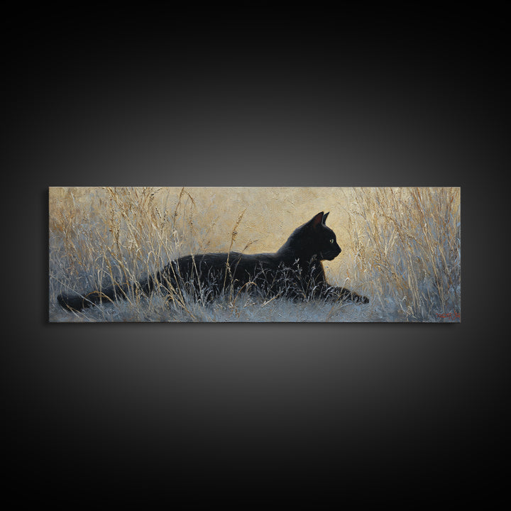 Black Cat Silhouette Canvas Print, Black and White Art, Digital Prints, Living Room Decor, Fine Art, Monochrome, Wood Wall Art, BAW-3x1-80