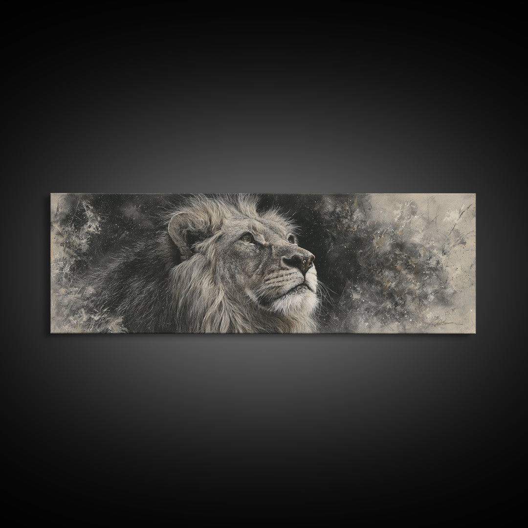 Dramatic Black and White Lion Portrait Framed Canvas Print, Black and White Art, Cabin Decor, Living Room Decor, Monochrome, BAW-3x1-81