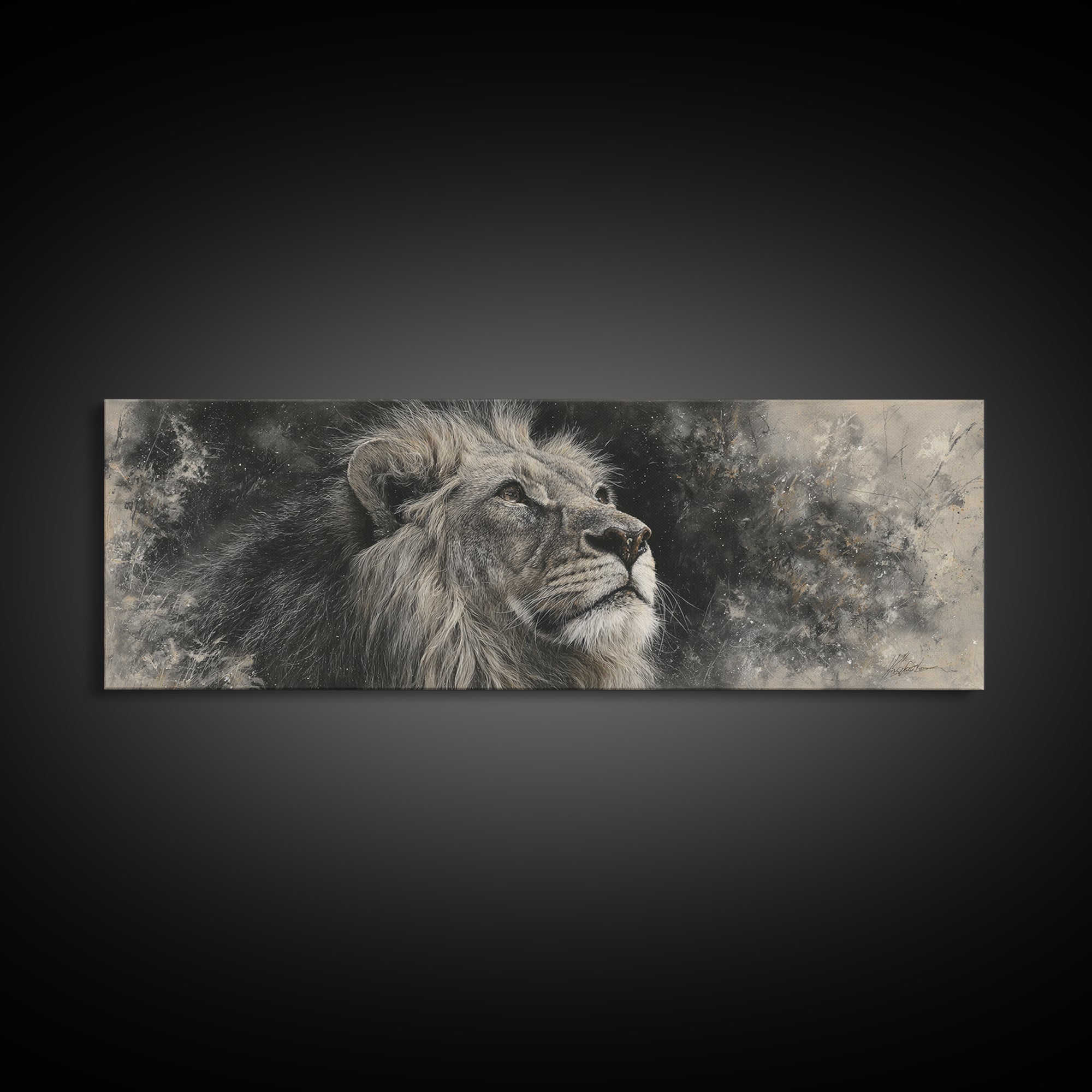 Dramatic Black and White Lion Portrait Framed Canvas Print, Black and White Art, Cabin Decor, Living Room Decor, Monochrome, BAW-3x1-81