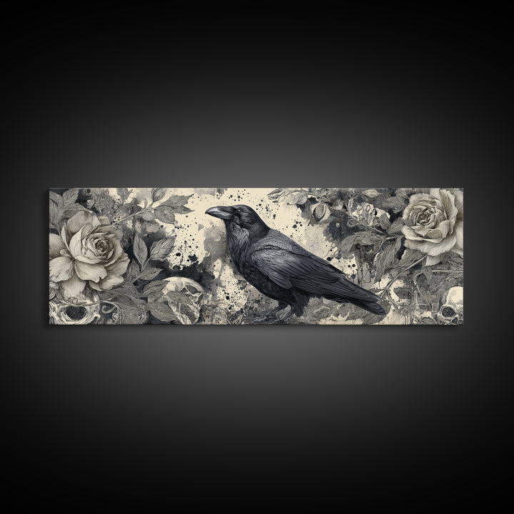 Ink Splatter Raven Composition Framed Canvas Print, Black and White Art, Halloween Decor, Living Room Decor, Monochrome, BAW-3x1-84
