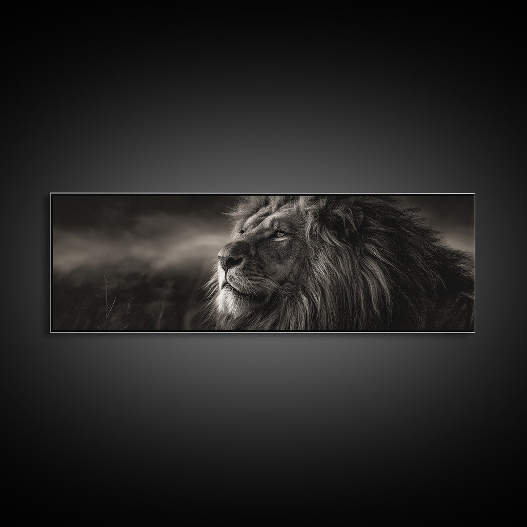 Dramatic Black and White Lion Portrait Framed Canvas Print, Black and White Art, Wood Wall Art, Living Room Decor, Monochrome, BAW-3x1-9