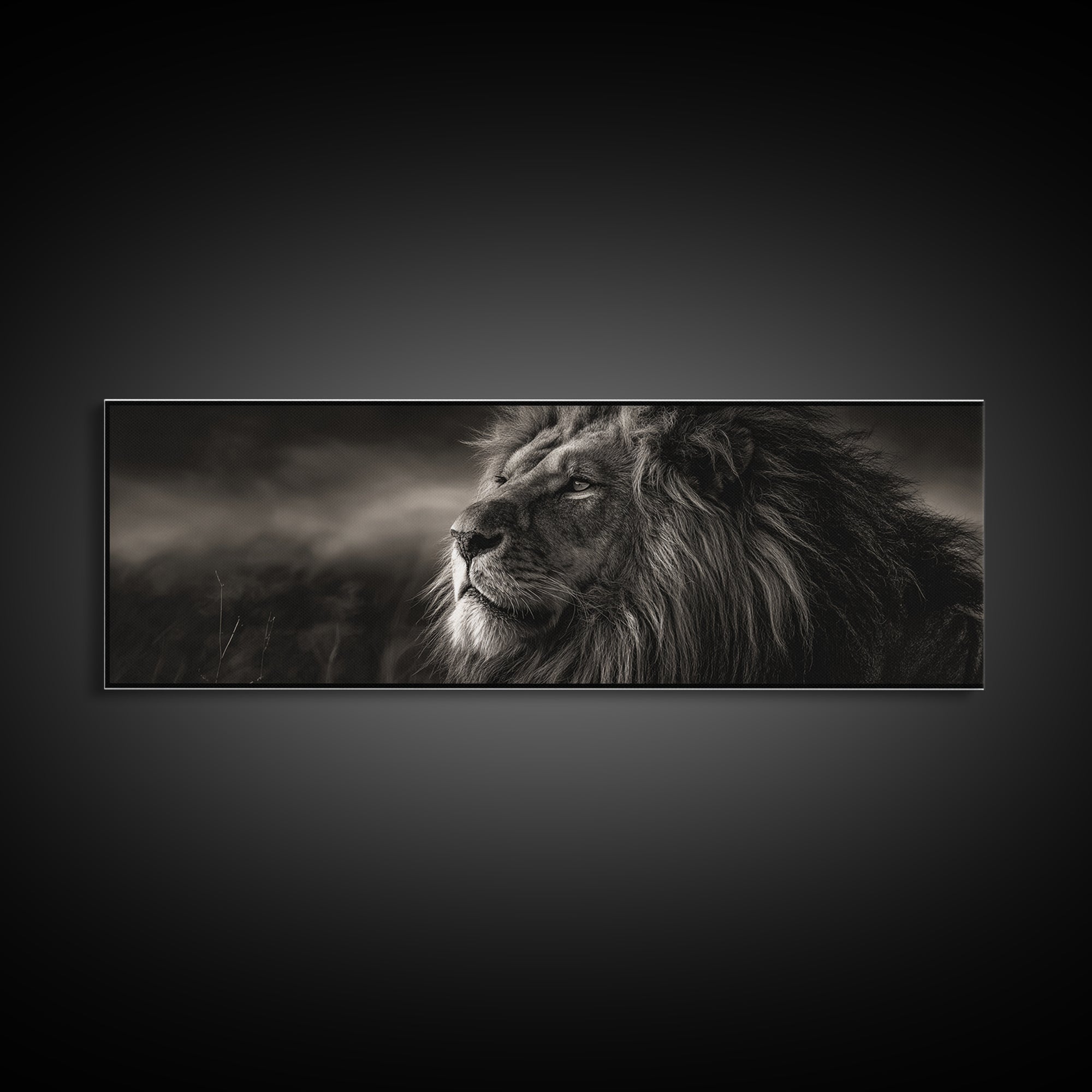 Dramatic Black and White Lion Portrait Framed Canvas Print, Black and White Art, Wood Wall Art, Living Room Decor, Monochrome, BAW-3x1-9