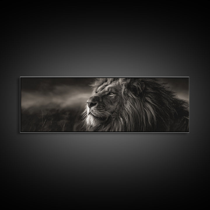 Dramatic Black and White Lion Portrait Framed Canvas Print, Black and White Art, Wood Wall Art, Living Room Decor, Monochrome, BAW-3x1-9