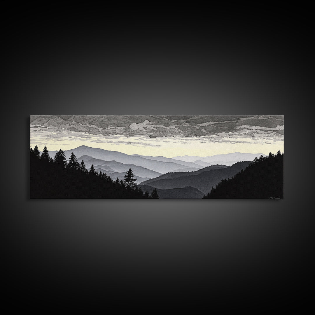 Black Ink Mountain Range Framed Canvas Print, Black and White Art, Photography Prints, Living Room Decor, Watercolor Art, BAW-3x1-90