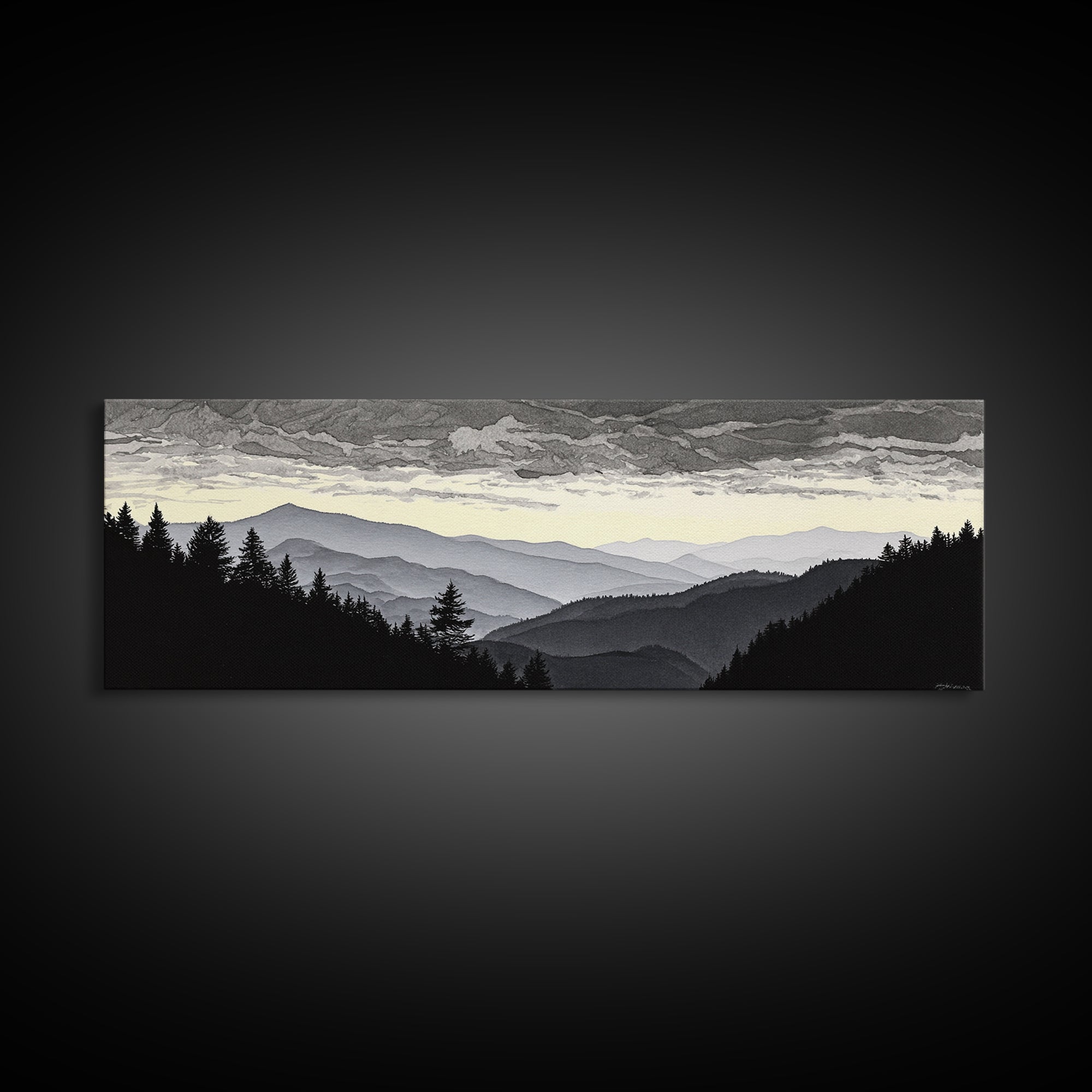 Black Ink Mountain Range Framed Canvas Print, Black and White Art, Photography Prints, Living Room Decor, Watercolor Art, BAW-3x1-90