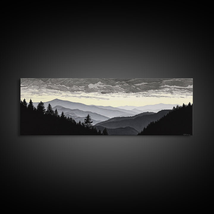 Black Ink Mountain Range Framed Canvas Print, Black and White Art, Photography Prints, Living Room Decor, Watercolor Art, BAW-3x1-90