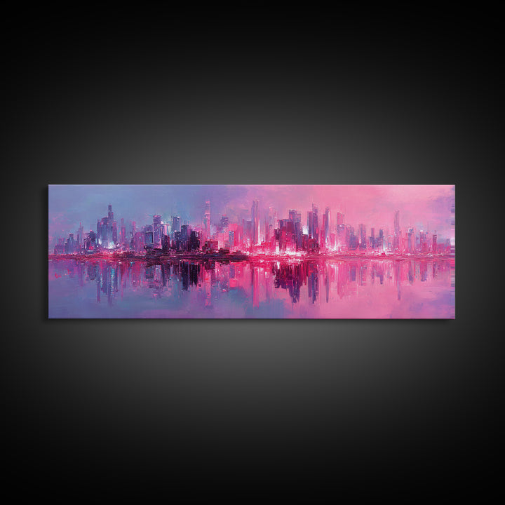 Monochrome City Skyline Reflected Framed Canvas Print, Black and White Art, Art Print, Living Room Decor, Fine Art, Monochrome, BAW-3x1-99