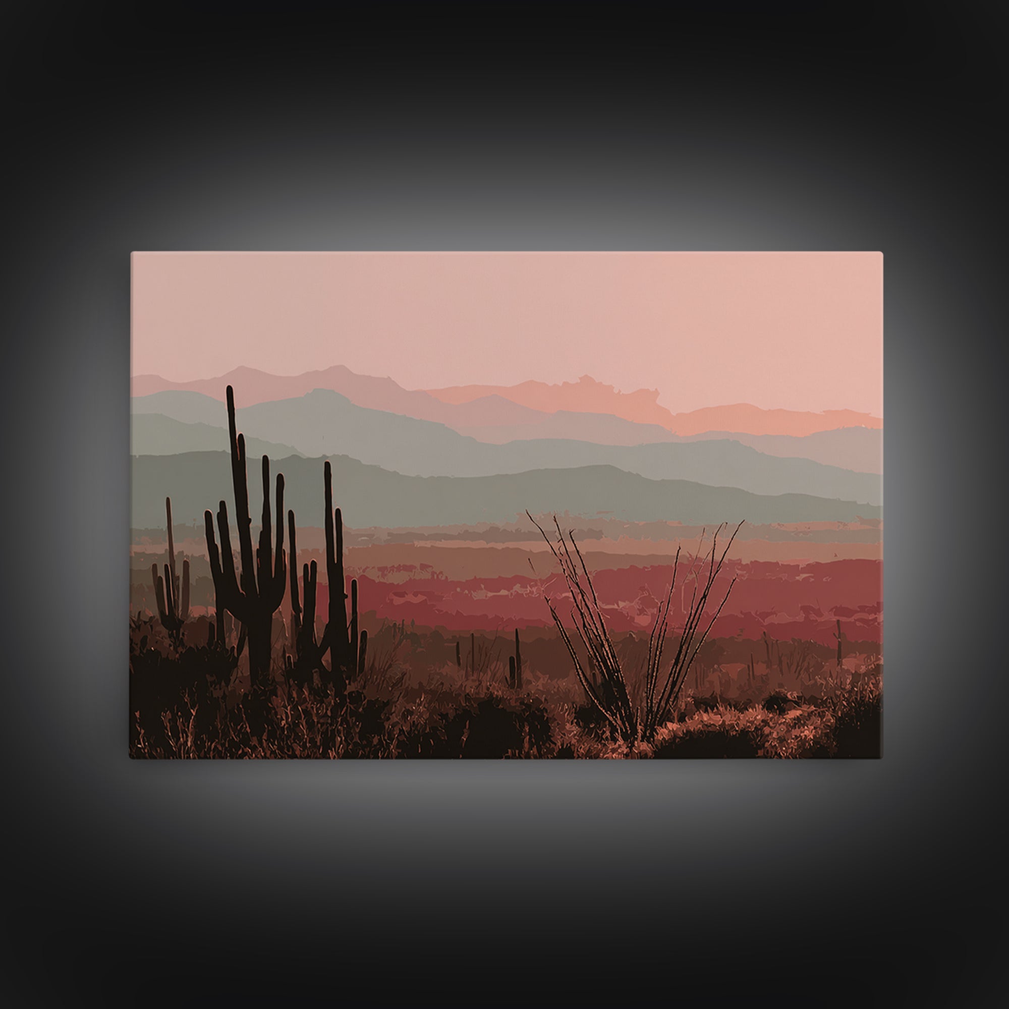 Monochrome Desert Cactus Silhouette Canvas Print, Black and White Art, Abstract Wall Art, Living Room Decor, Watercolor Art, BAW-3x2-1