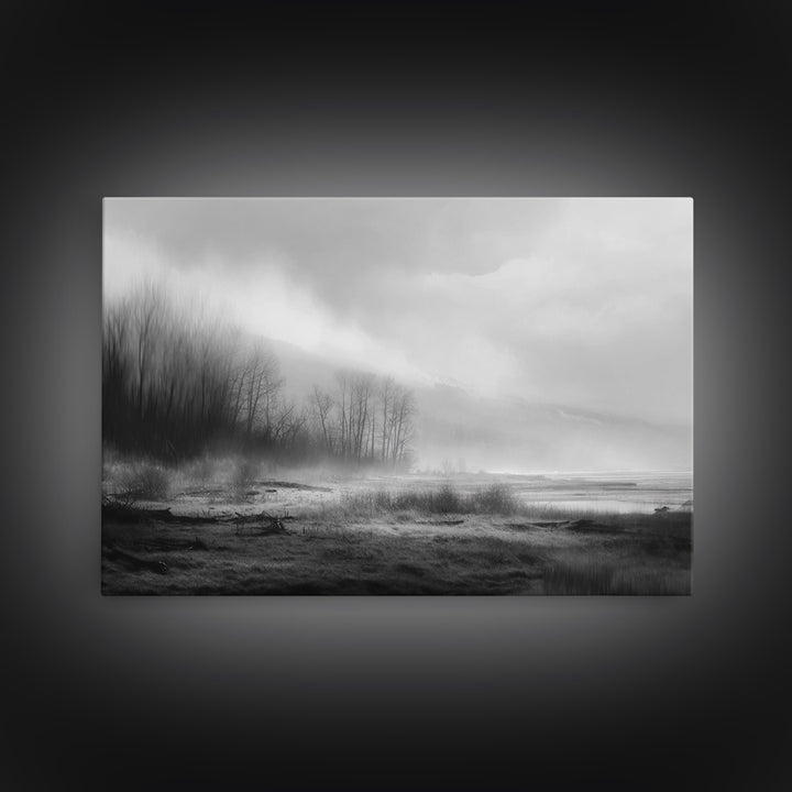 Moody Foggy Forest Canvas Print, Black and White Art, Modern Decor, Living Room Decor, Fine Art, Monochrome, Wall Decor, BAW-3x2-11