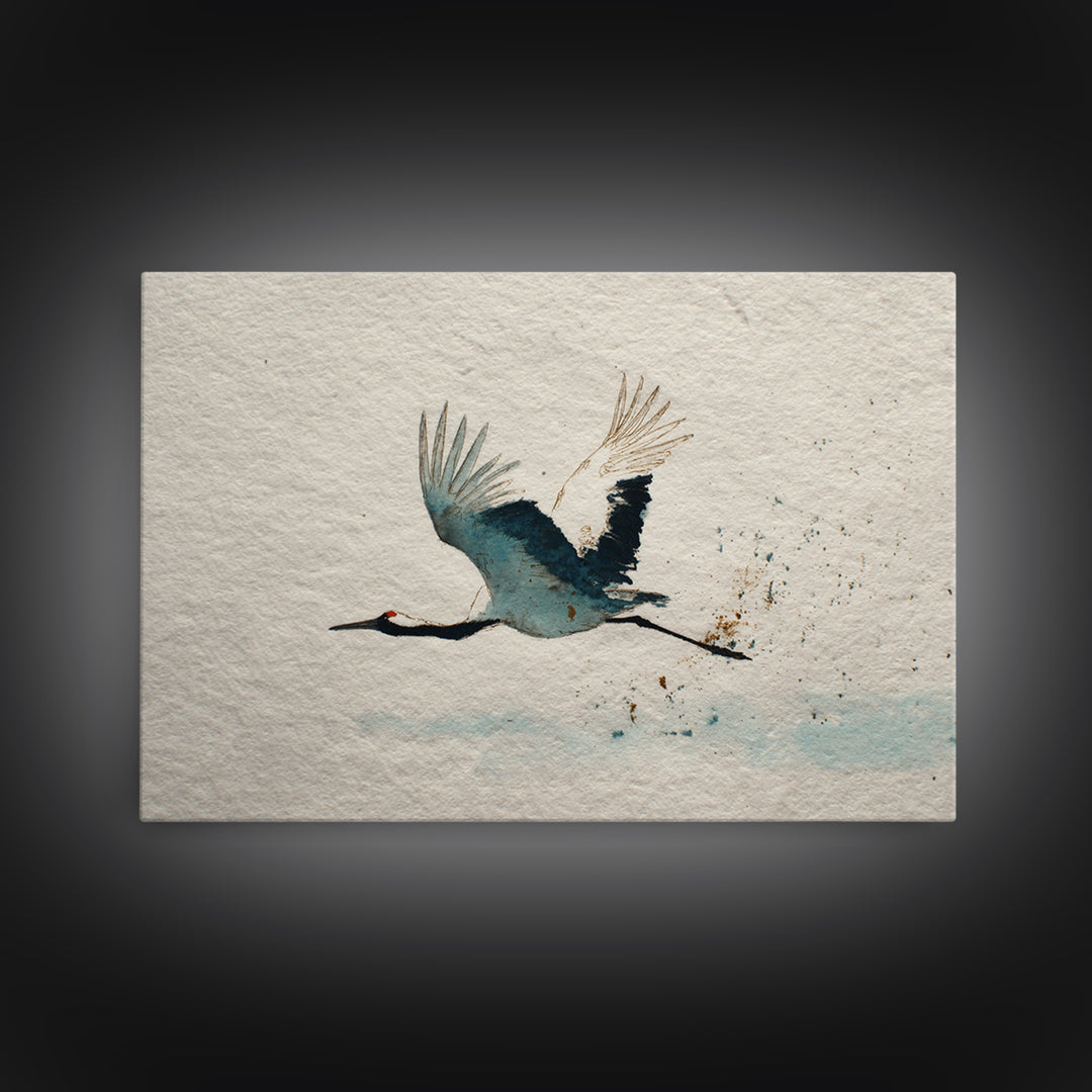 Black Ink Crane Flying Across Empty Sky Canvas Print, Black and White Art, Retro Wall Art, Living Room Decor, Monochrome, BAW-3x2-17