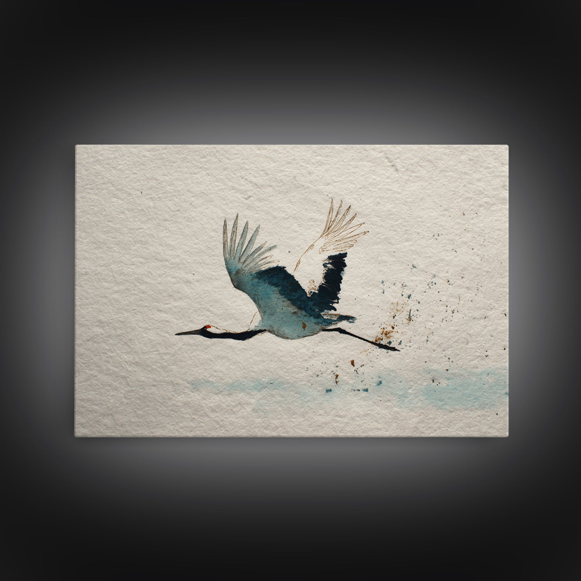 Black Ink Crane Flying Across Empty Sky Canvas Print, Black and White Art, Retro Wall Art, Living Room Decor, Monochrome, BAW-3x2-17