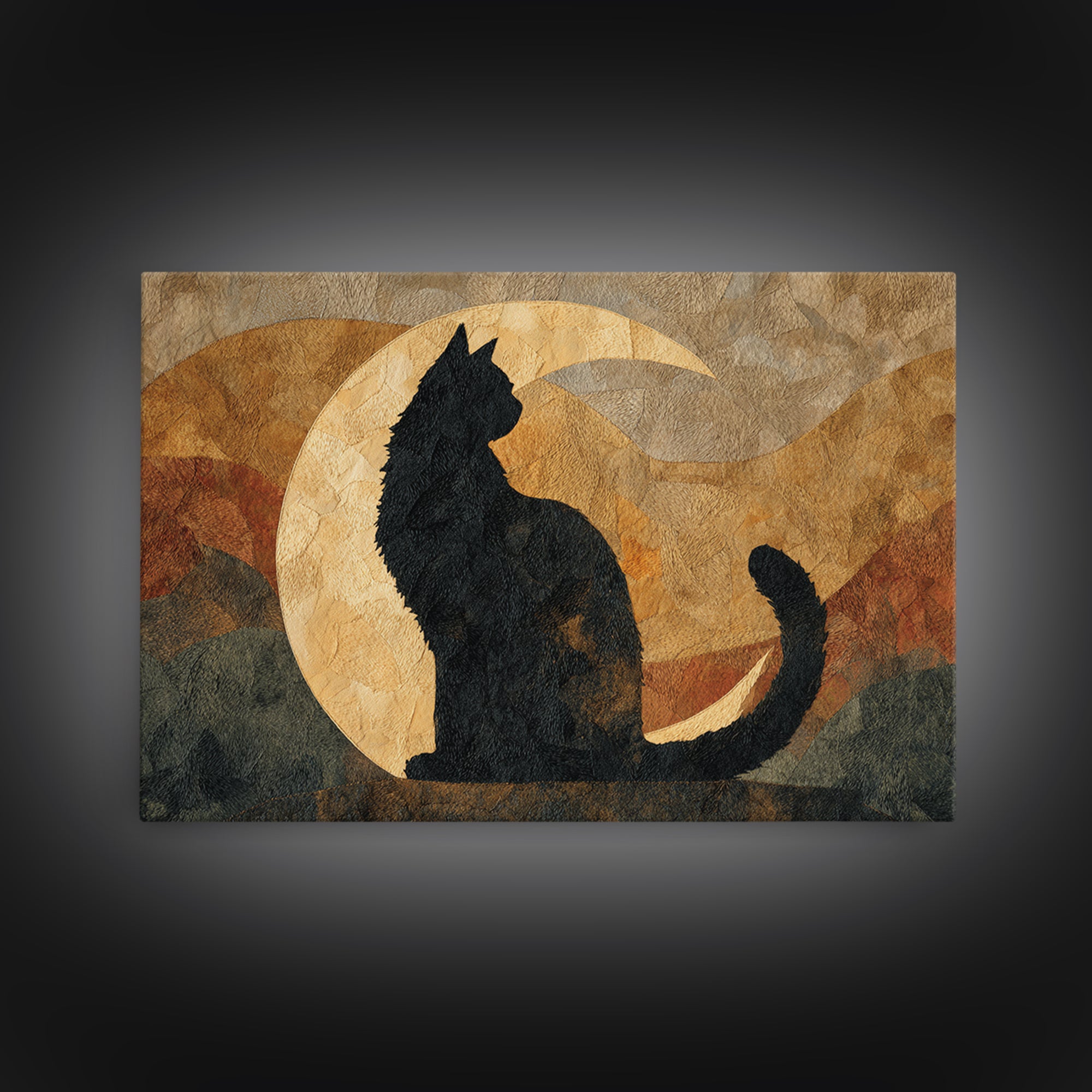 Black Cat Silhouette Framed Canvas Print, Black and White Art, Retro Wall Art, Living Room Decor, Fine Art, Monochrome, BAW-3x2-20