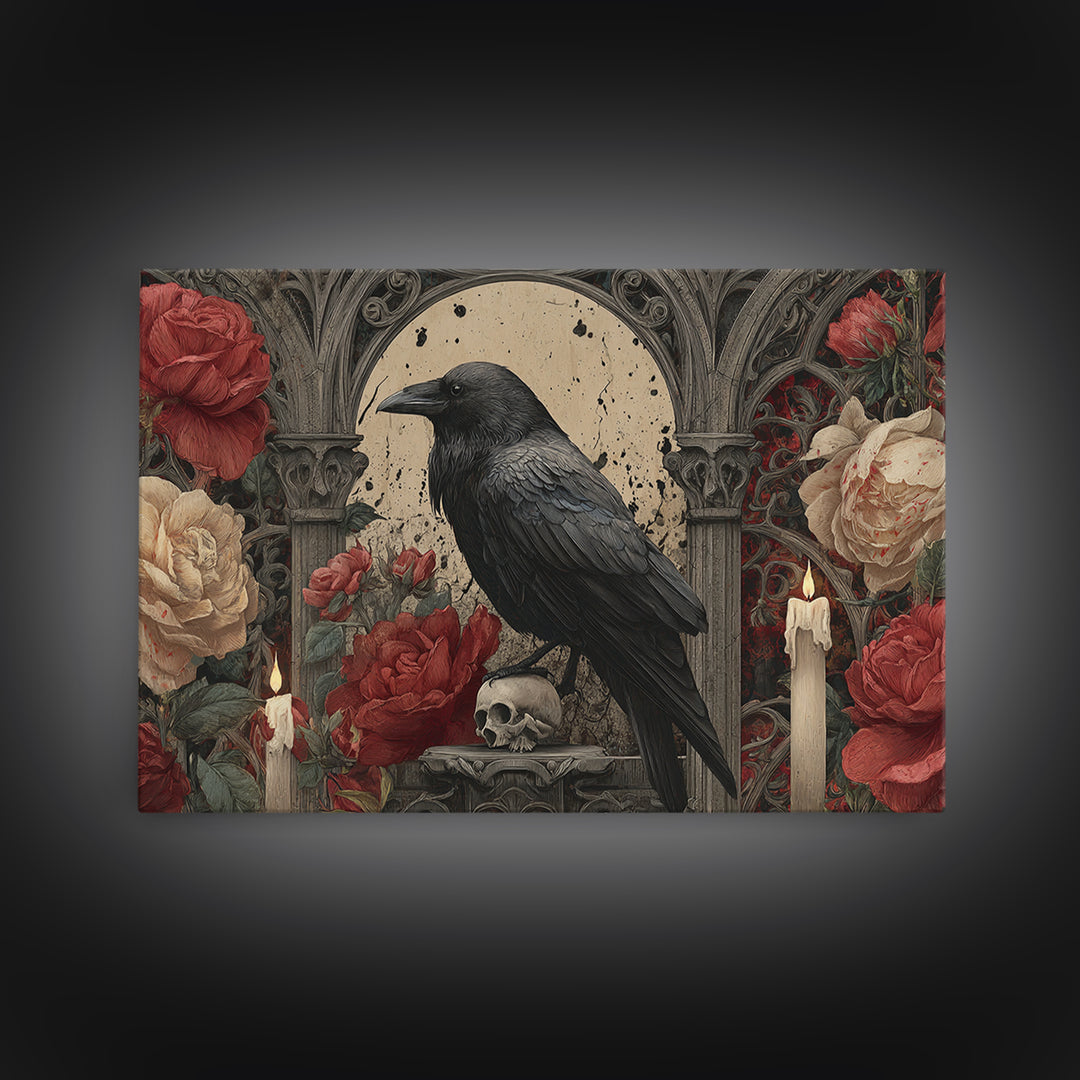 Ink Splatter Raven Composition Framed Canvas Print, Black and White Art, Photography Prints, Living Room Decor, Monochrome, BAW-3x2-24