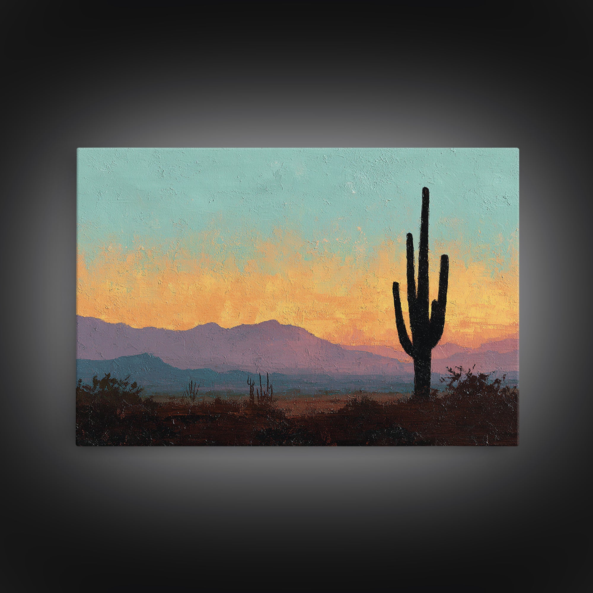Monochrome Desert Cactus Silhouette Framed Canvas Print, Black and White Art, Set of 3 Prints, Living Room Decor, Monochrome, BAW-3x2-25