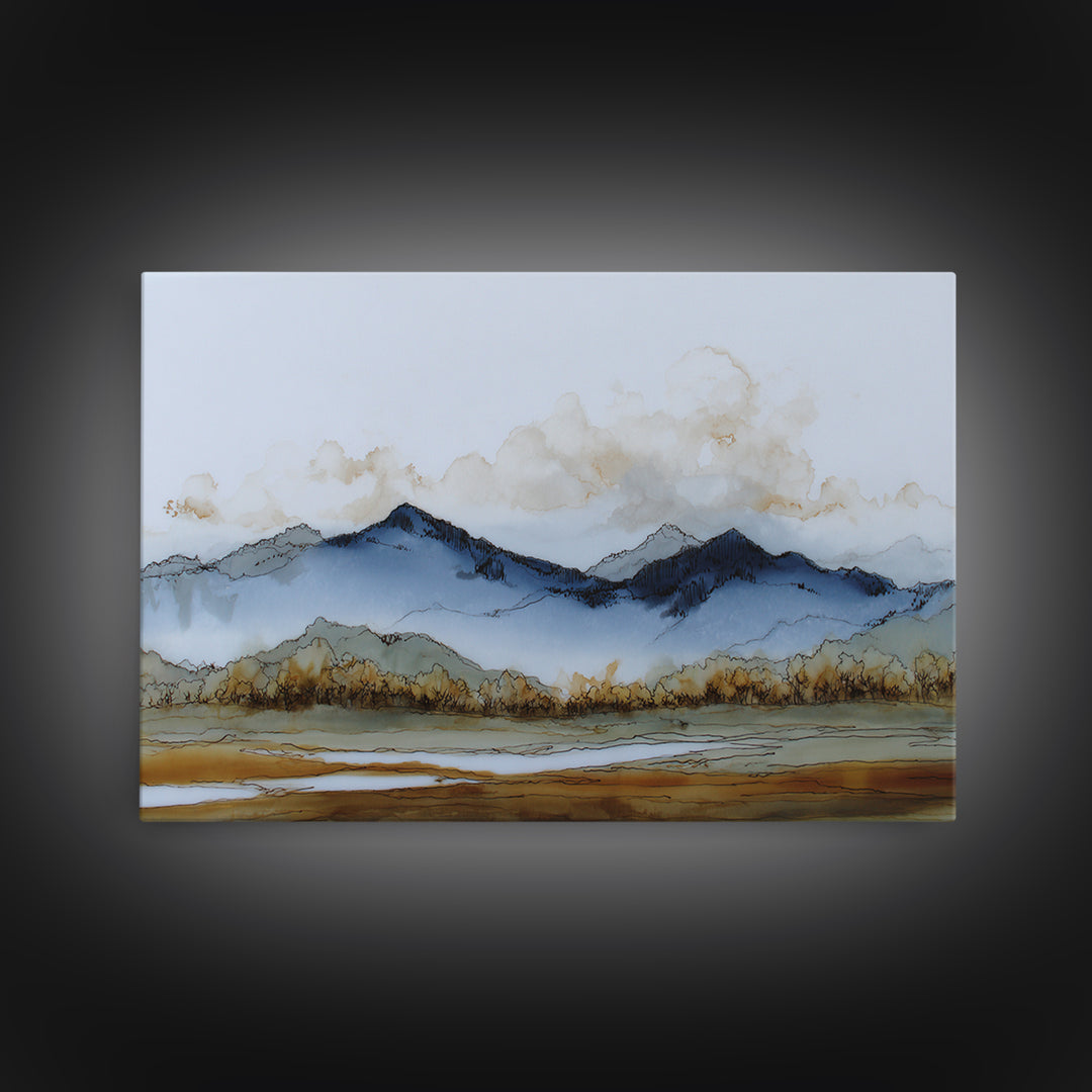 Black Ink Mountain Range Canvas Print, Black and White Art, Canvas Print, Living Room Decor, Oil Painting, Monochrome, BAW-3x2-30