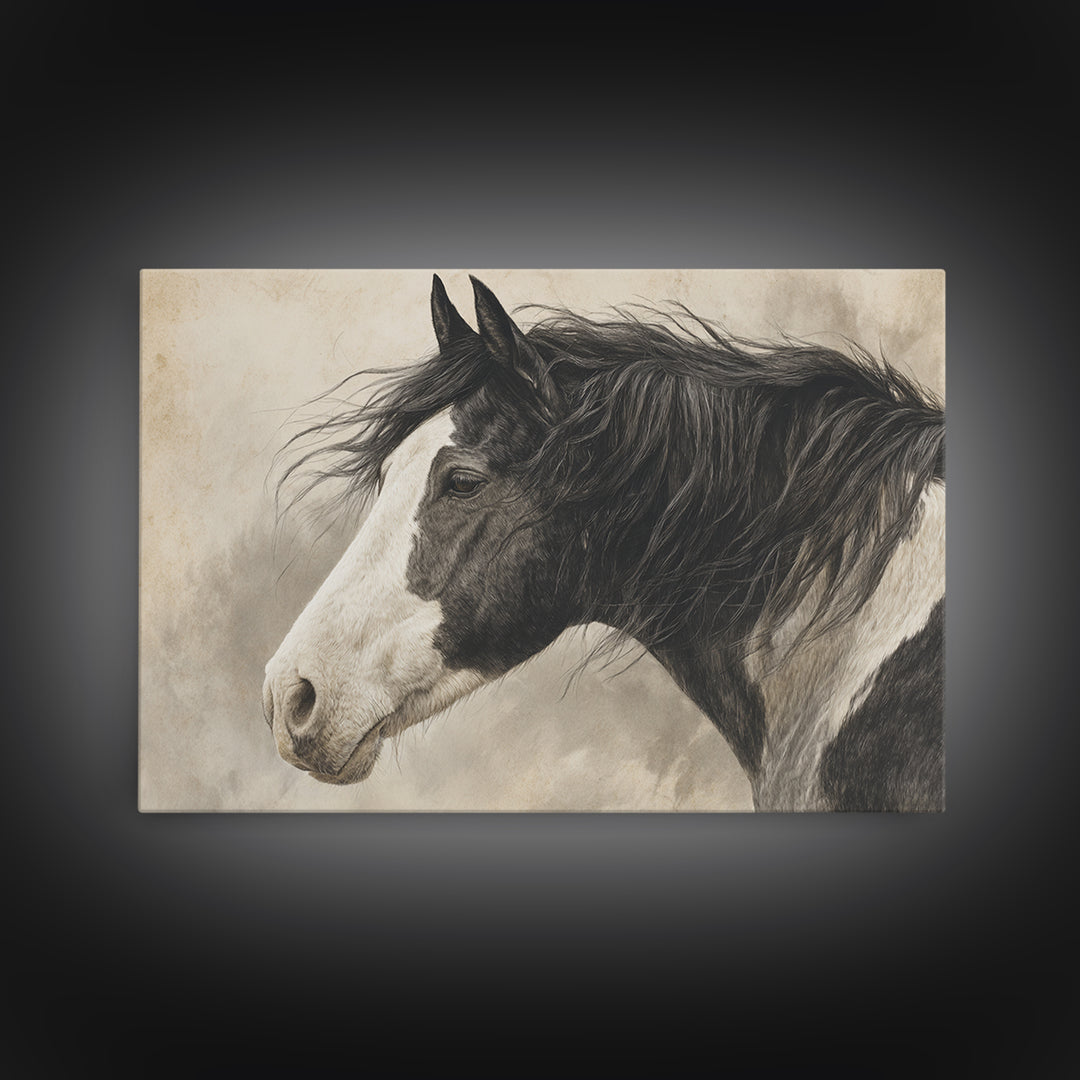 Black and White Wild Horse Portrait Canvas Print, Black and White Art, Cabin Decor, Living Room Decor, Fine Art, Monochrome, BAW-3x2-33