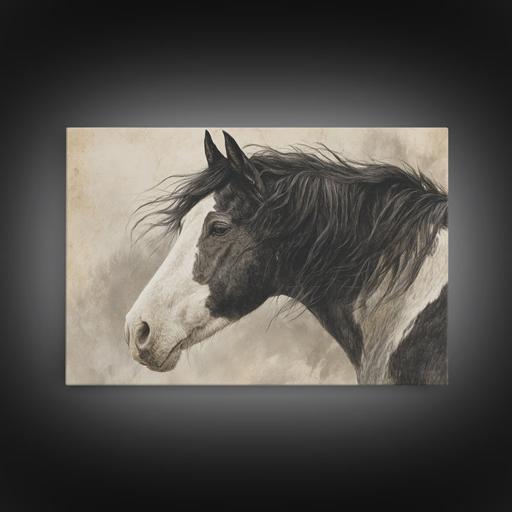 Black and White Wild Horse Portrait Canvas Print, Black and White Art, Cabin Decor, Living Room Decor, Fine Art, Monochrome, BAW-3x2-33