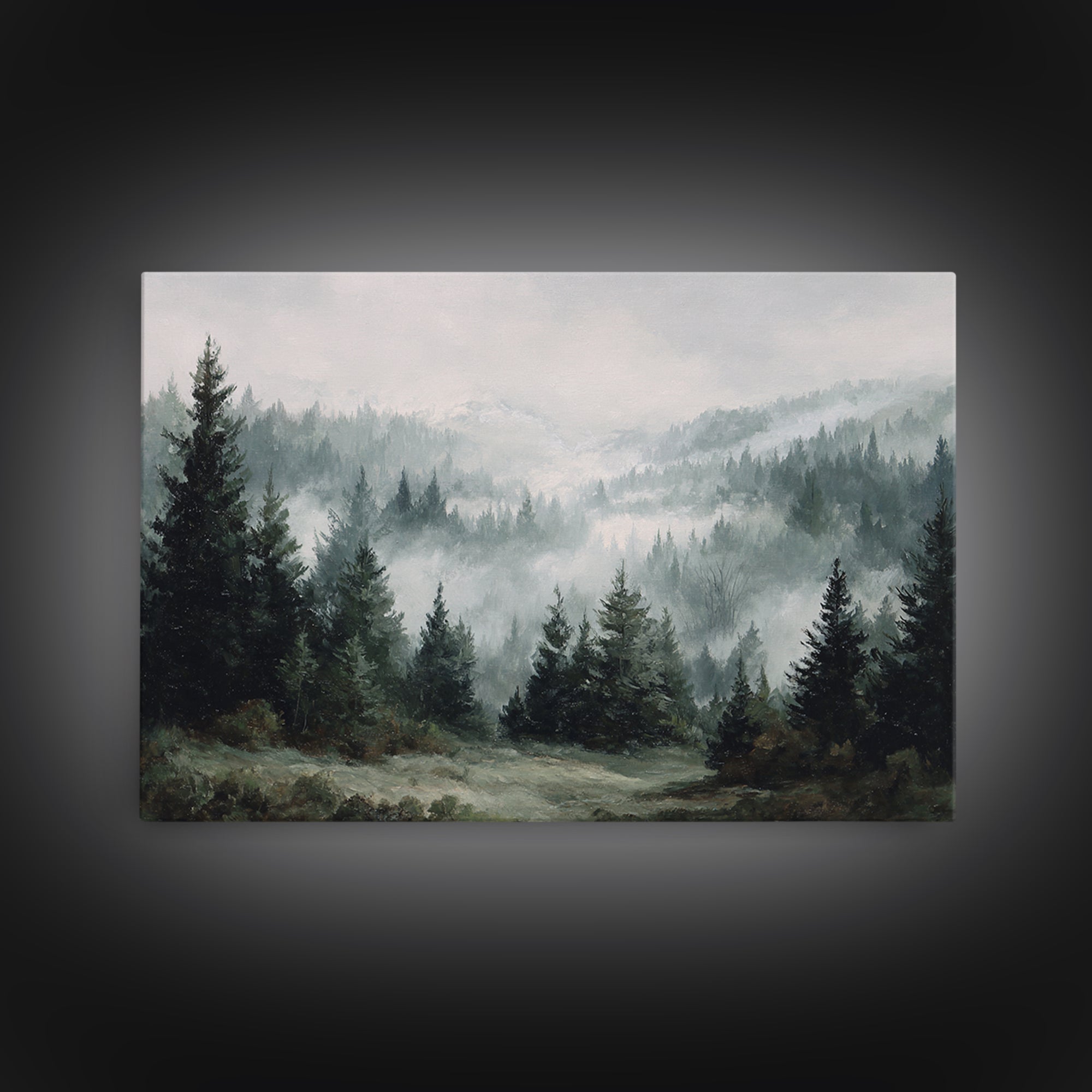 Moody Foggy Forest Framed Canvas Print, Black and White Art, Room Decor, Living Room Decor, Fine Art, Monochrome, Art Print, BAW-3x2-35