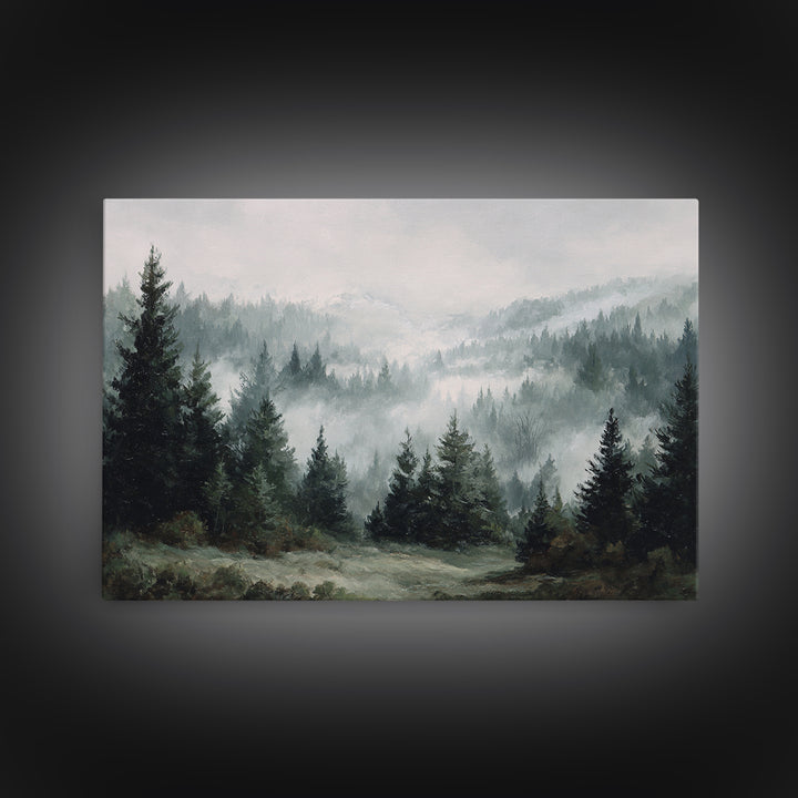 Moody Foggy Forest Framed Canvas Print, Black and White Art, Room Decor, Living Room Decor, Fine Art, Monochrome, Art Print, BAW-3x2-35