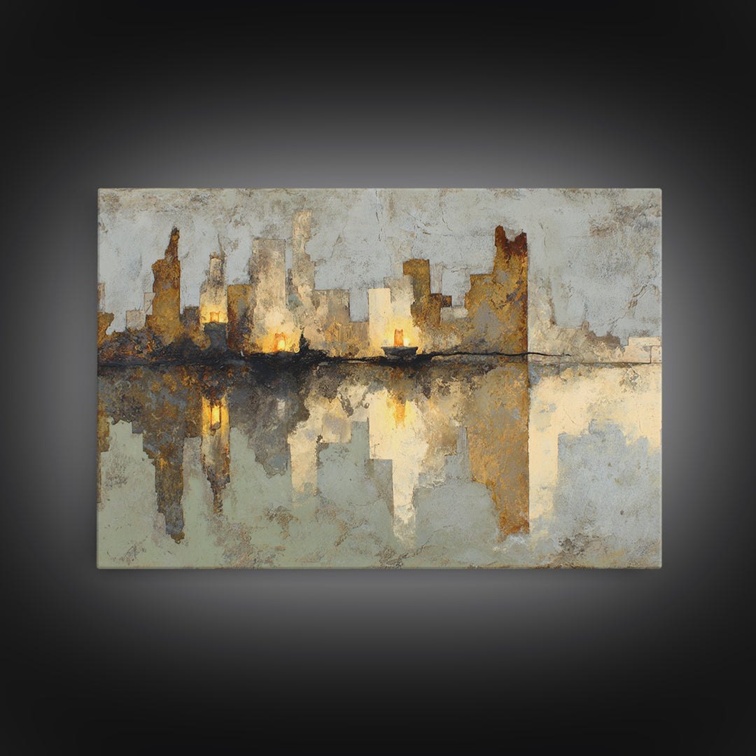 Monochrome City Skyline Reflected Canvas Print, Black and White Art, Contemporary Art, Living Room Decor, Monochrome, BAW-3x2-39