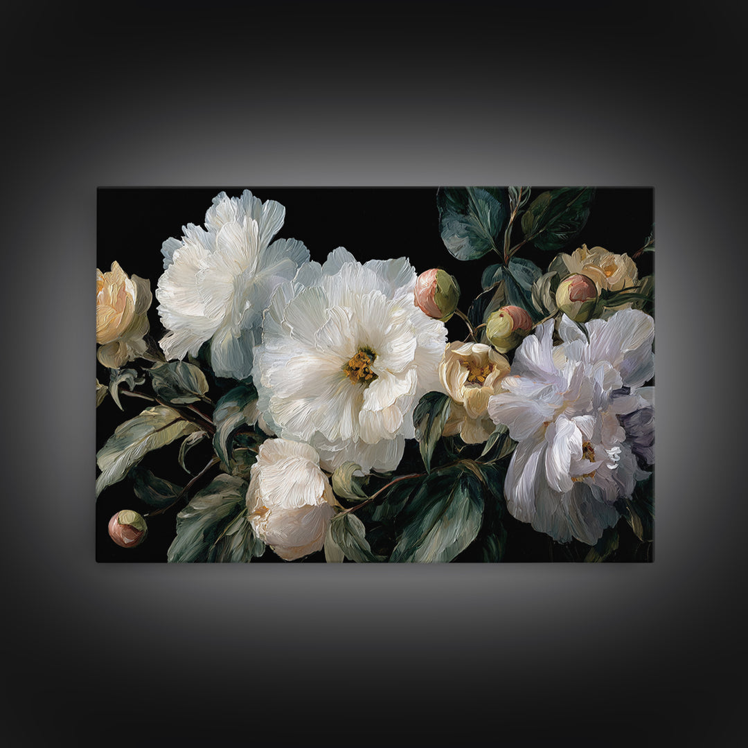 White Flower on Deep Black Background Canvas Print, Black and White Art, Modern Art, Living Room Decor, Monochrome, Art Prints, BAW-3x2-40