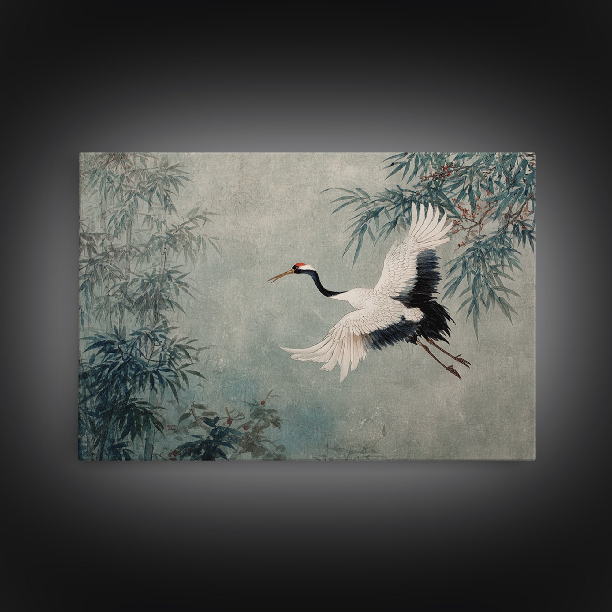 Black Ink Crane Flying Across Empty Sky Canvas Print, Black and White Art, Photo Prints, Living Room Decor, Monochrome, BAW-3x2-41