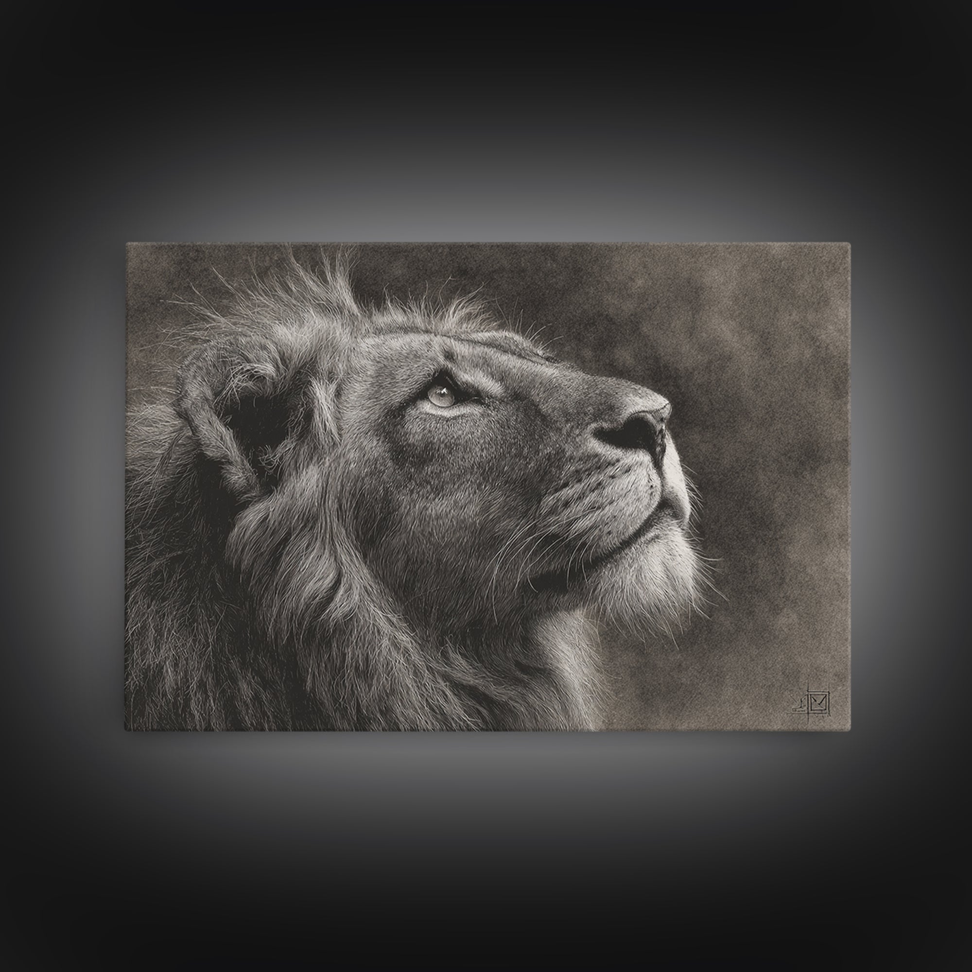Dramatic Black and White Lion Portrait Framed Canvas Print, Black and White Art, Gallery Decor, Living Room Decor, Monochrome, BAW-3x2-45