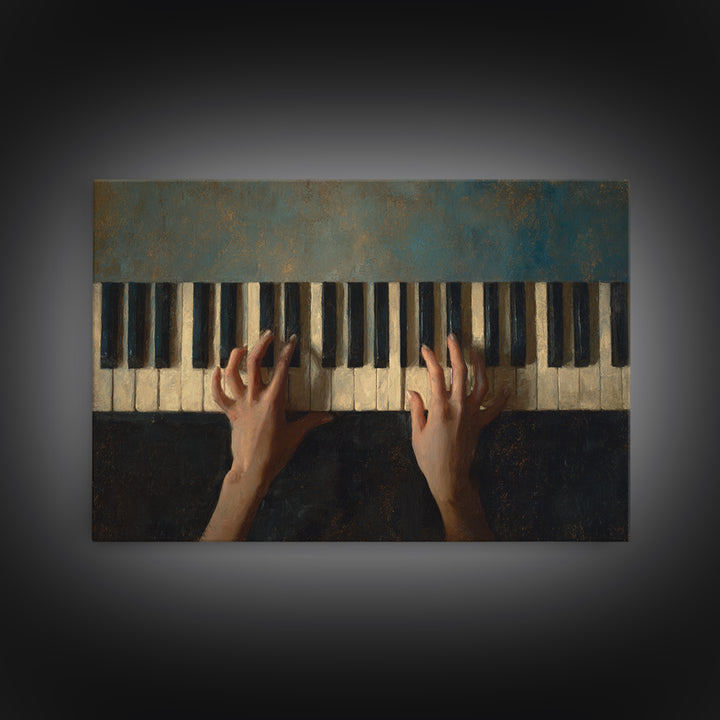 Piano Keys and Hands Framed Canvas Print, Black and White Art, Modern Wall Art, Living Room Decor, Oil Painting, Monochrome, BAW-3x2-50