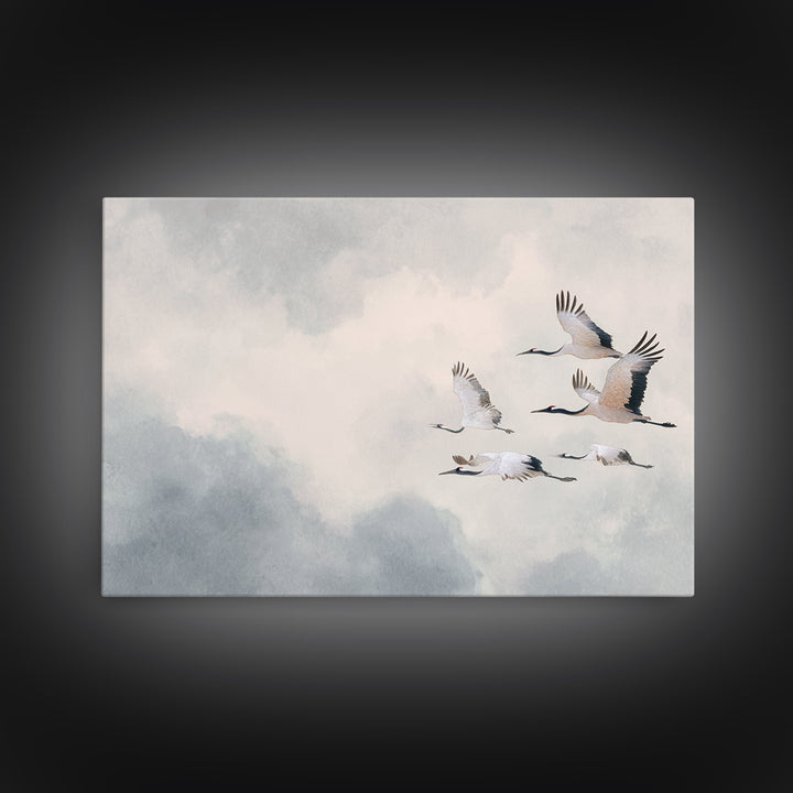 Black Ink Crane Flying Across Empty Sky Canvas Print, Black and White Art, Photo Prints, Living Room Decor, Monochrome, BAW-3x2-65