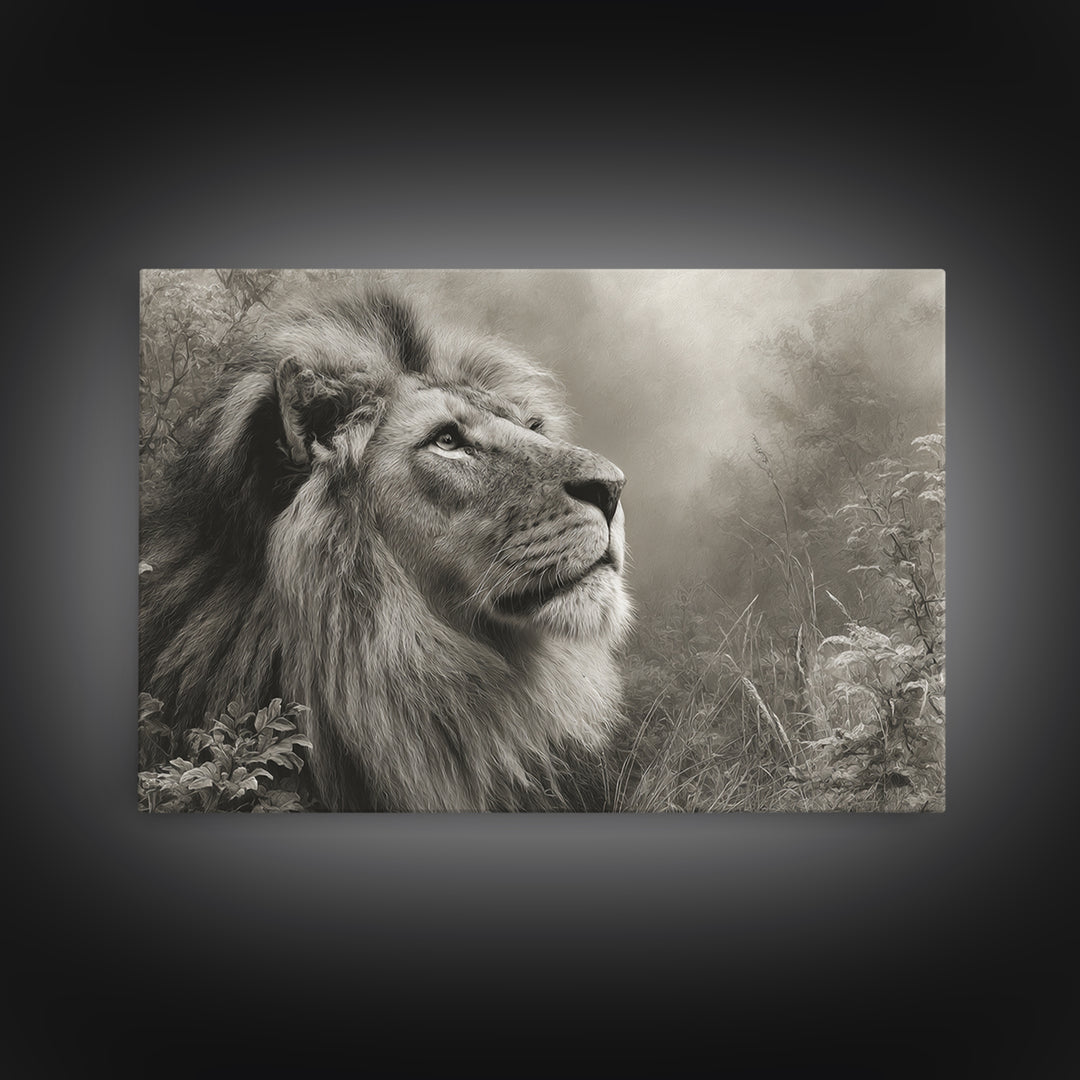 Dramatic Black and White Lion Portrait Framed Canvas Print, Black and White Art, Gallery Decor, Living Room Decor, Monochrome, BAW-3x2-69