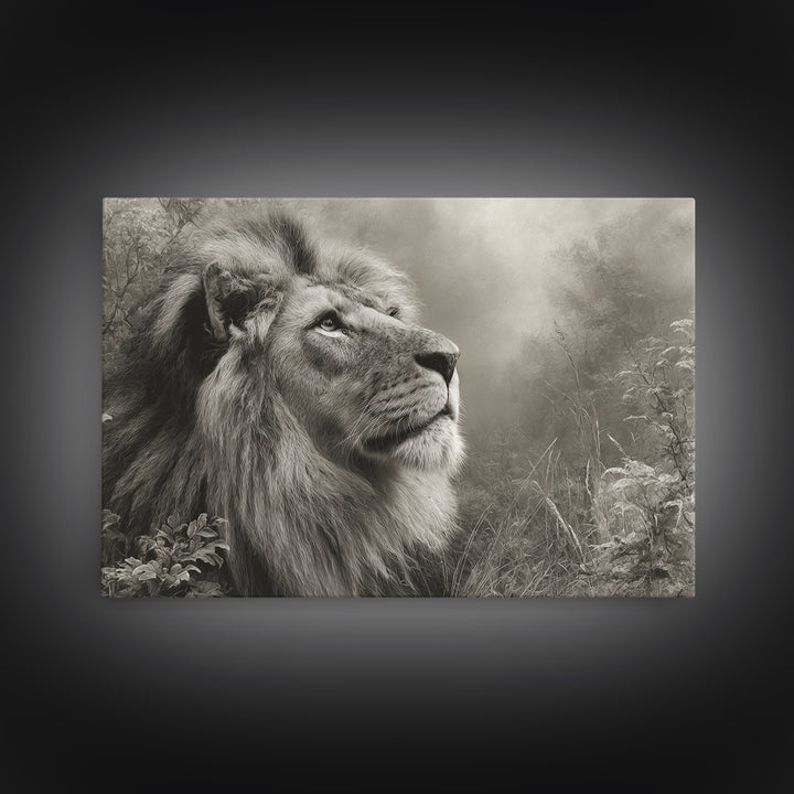 Dramatic Black and White Lion Portrait Framed Canvas Print, Black and White Art, Gallery Decor, Living Room Decor, Monochrome, BAW-3x2-69