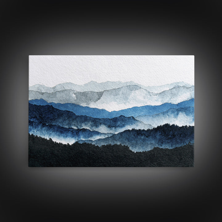 Black Ink Mountain Range Framed Canvas Print, Black and White Art, Cabin Decor, Living Room Decor, Fine Art, Monochrome, BAW-3x2-78