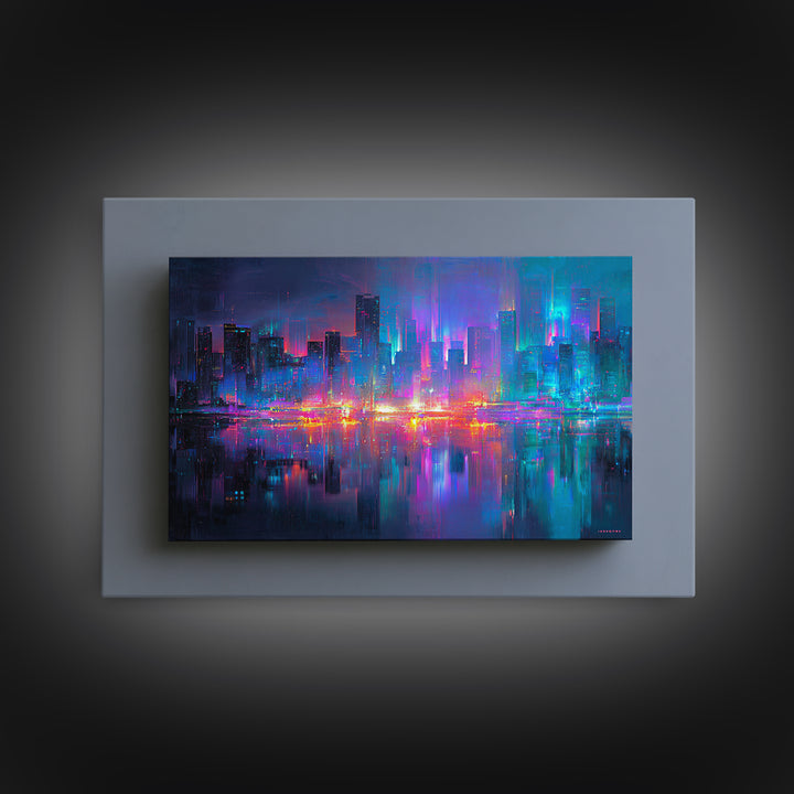 Monochrome City Skyline Reflected Framed Canvas Print, Black and White Art, Art, Living Room Decor, Fine Art, Monochrome, BAW-3x2-87
