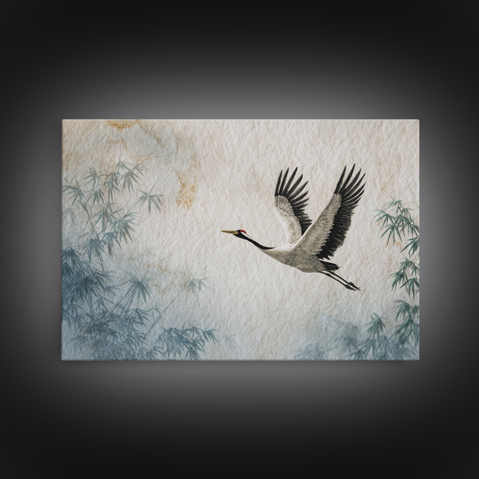 Black Ink Crane Flying Across Empty Sky Canvas Print, Black and White Art, Boho Decor, Living Room Decor, Oil Painting, BAW-3x2-89