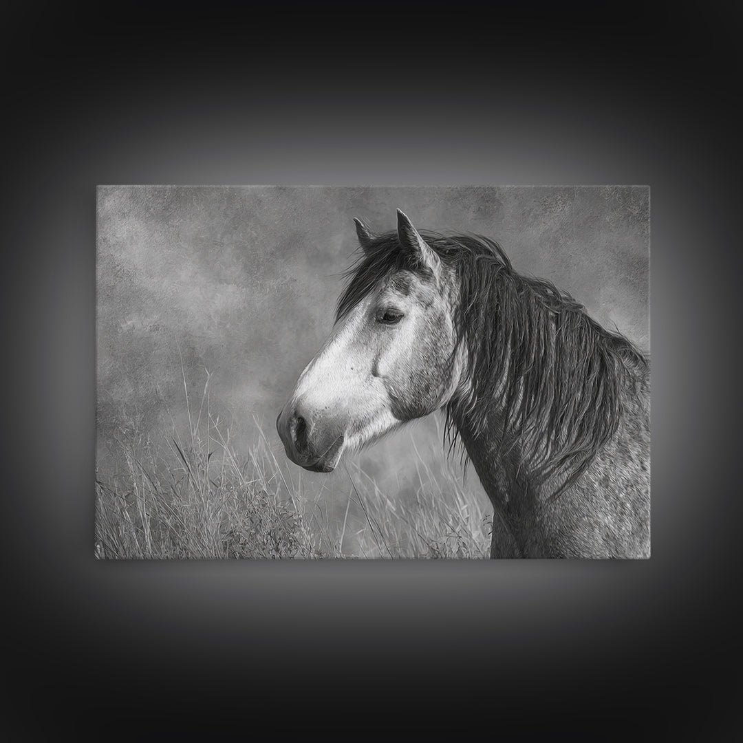 Black and White Wild Horse Portrait Framed Canvas Print, Black and White Art, Canvas Print, Living Room Decor, Monochrome, BAW-3x2-9