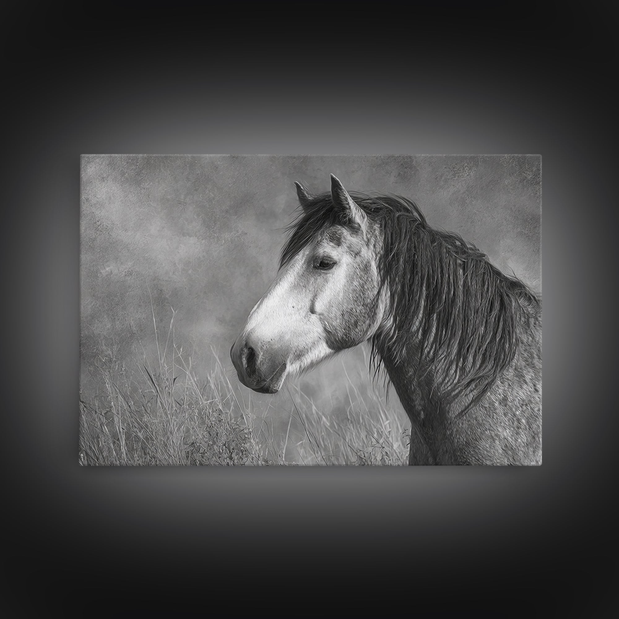 Black and White Wild Horse Portrait Framed Canvas Print, Black and White Art, Canvas Print, Living Room Decor, Monochrome, BAW-3x2-9